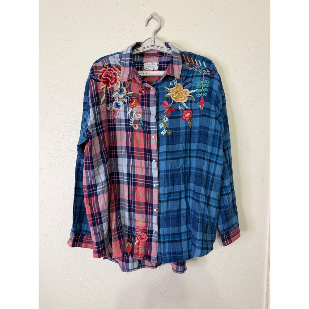 Johnny Was Workshop Plaid Embroidered Floral Boho Button Down Shirt Western L